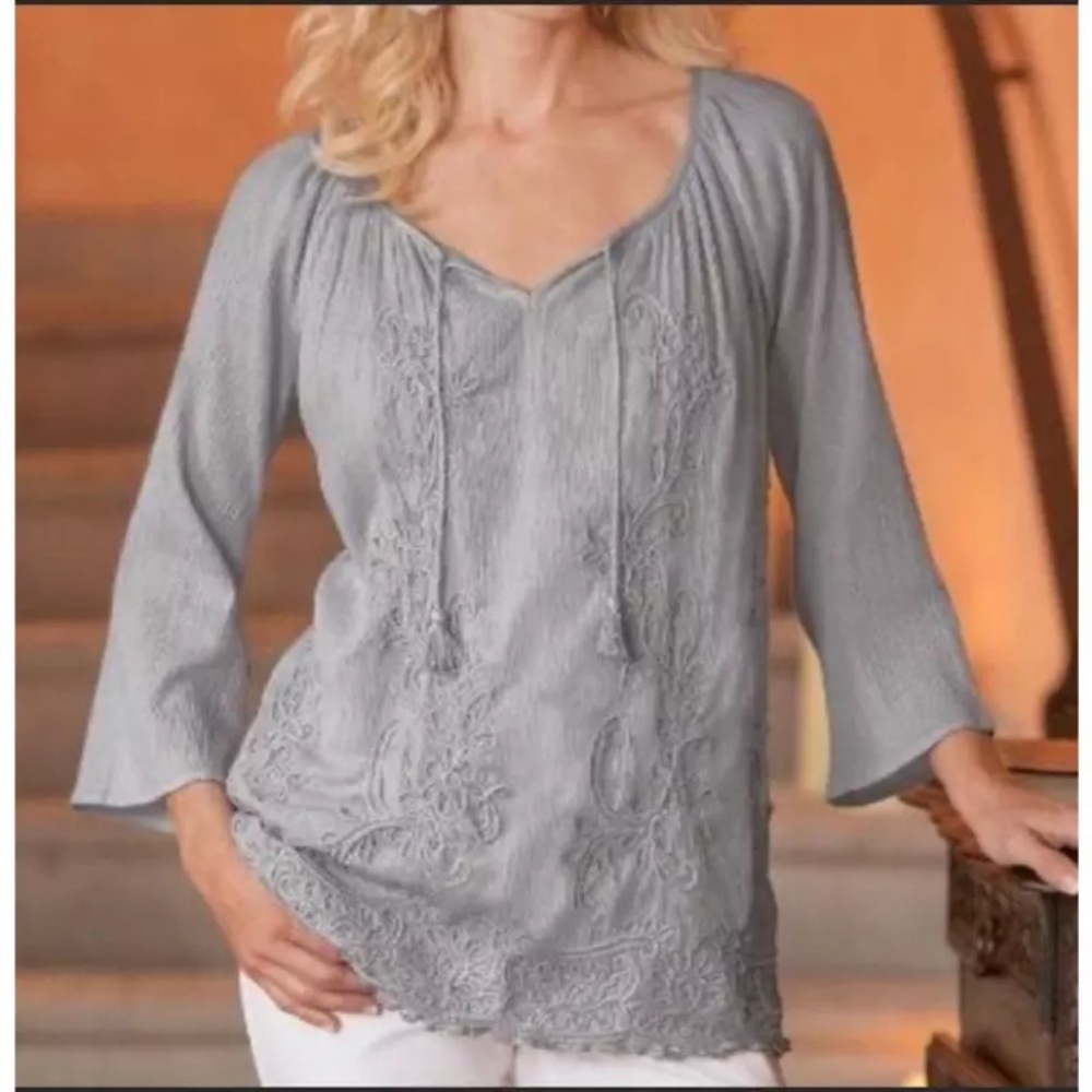 Soft Surroundings Gray Winding Vines Blouse Top Embroidered Tassel 3/4 Sleeve